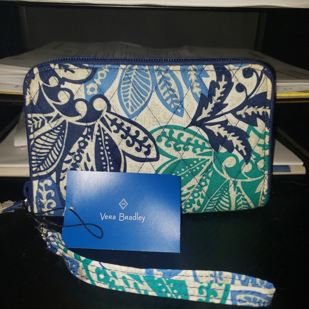 Vera Bradley Blue and Green Leaf Print Wristlet
